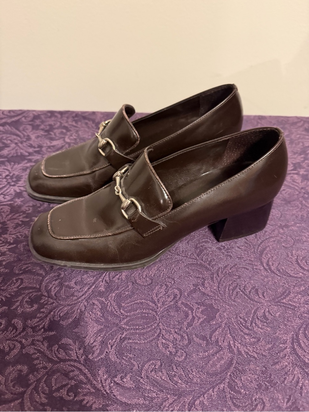 Bass Brown Leather Loafers with Silver Bit Heel